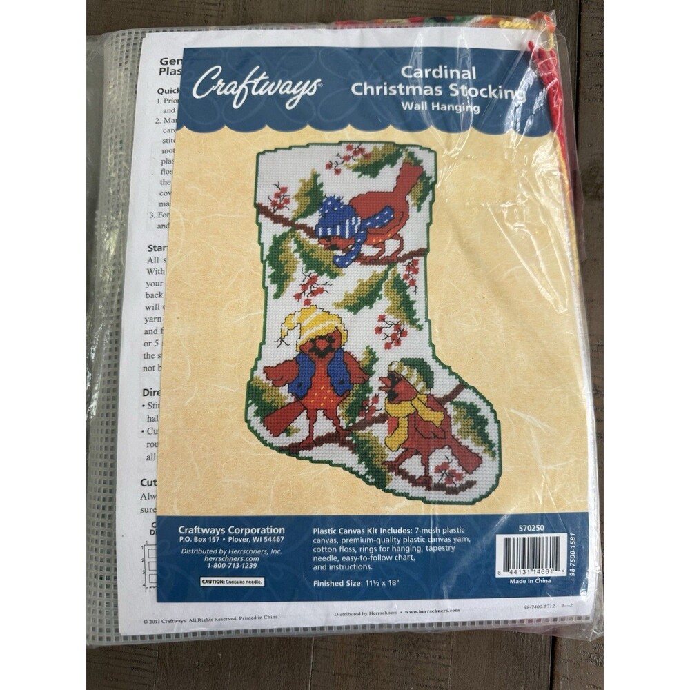 Cardinal Christmas Stocking Birds & Berries Plastic Canvas WALL HANGING Kit NIP